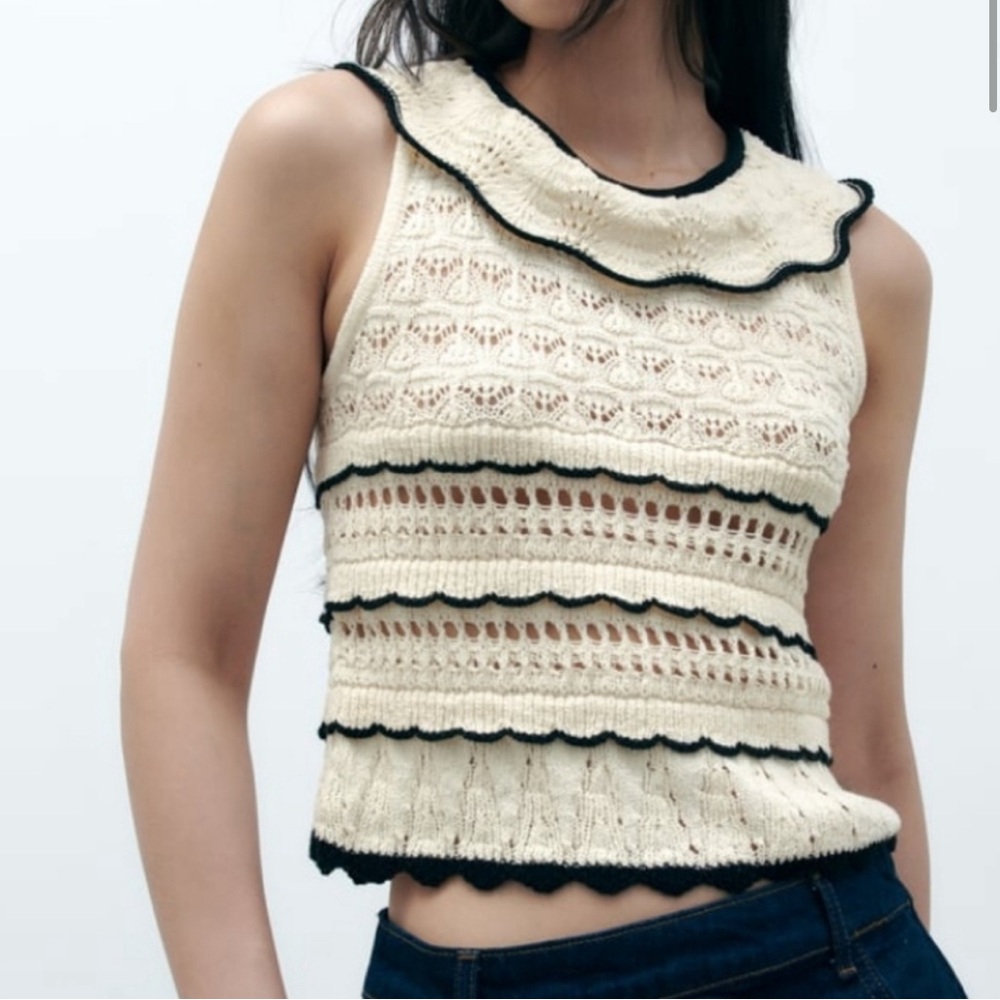 Zara Pointelle Knit Top in cream and black NWT